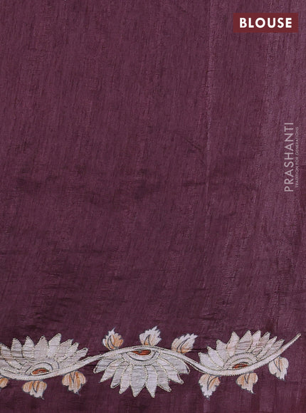 Semi tussar saree maroon with plain body and embroidered pallu