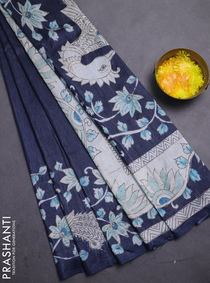 Semi tussar saree navy blue with plain body and embroidered pallu
