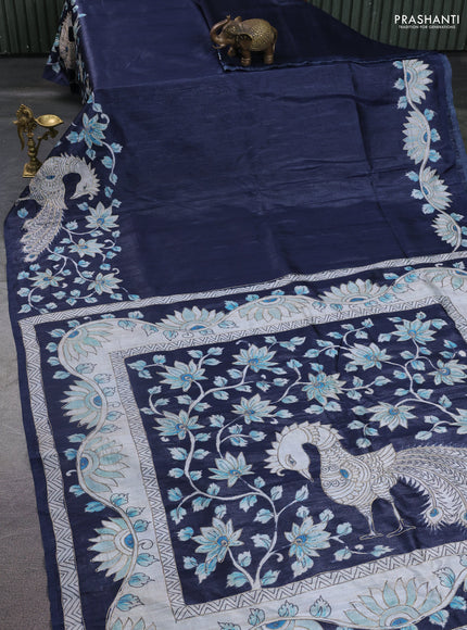 Semi tussar saree navy blue with plain body and embroidered pallu