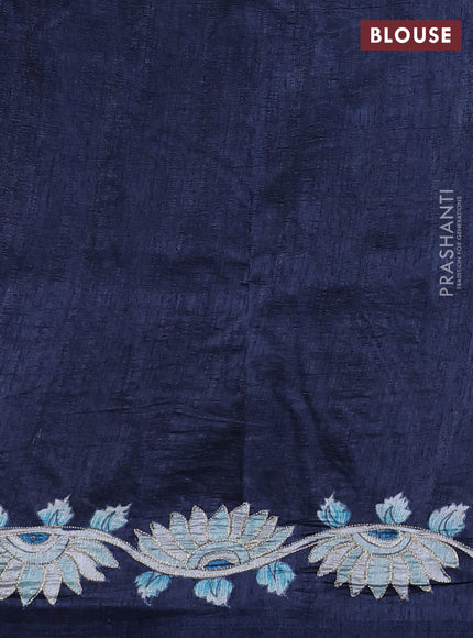 Semi tussar saree navy blue with plain body and embroidered pallu