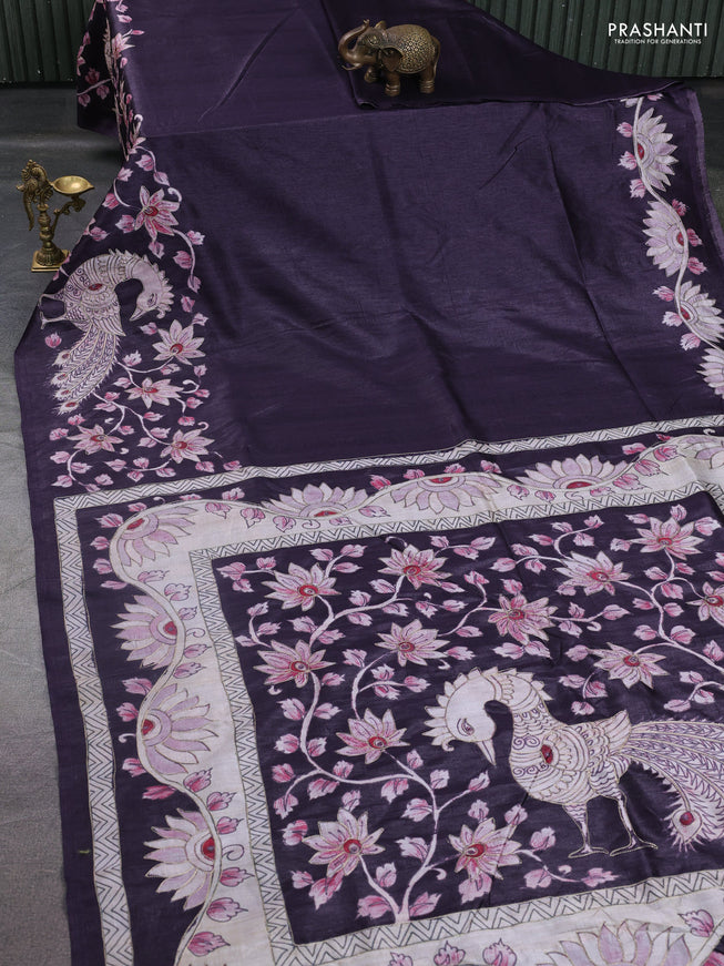 Semi tussar saree jamun with plain body and embroidered pallu