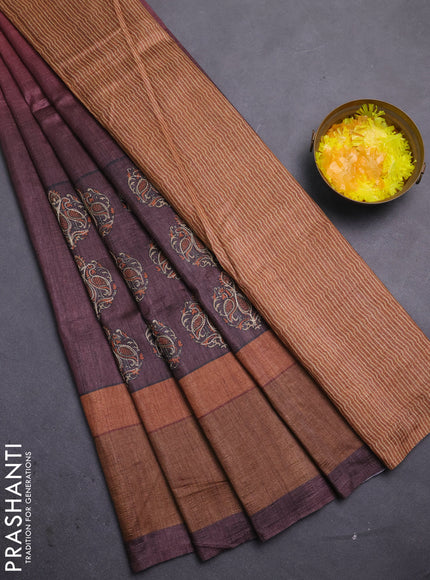 Semi tussar saree maroon and brown with plain body and embroidered pallu