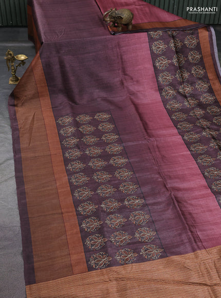 Semi tussar saree maroon and brown with plain body and embroidered pallu