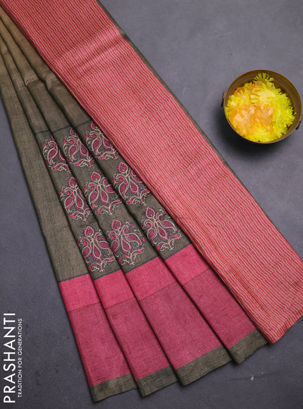 Semi tussar saree green and pink with plain body and embroidered pallu
