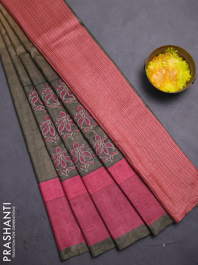Semi tussar saree green and pink with plain body and embroidered pallu