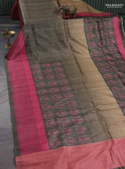Semi tussar saree green and pink with plain body and embroidered pallu