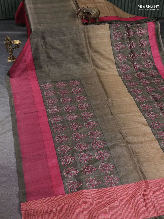 Semi tussar saree green and pink with plain body and embroidered pallu
