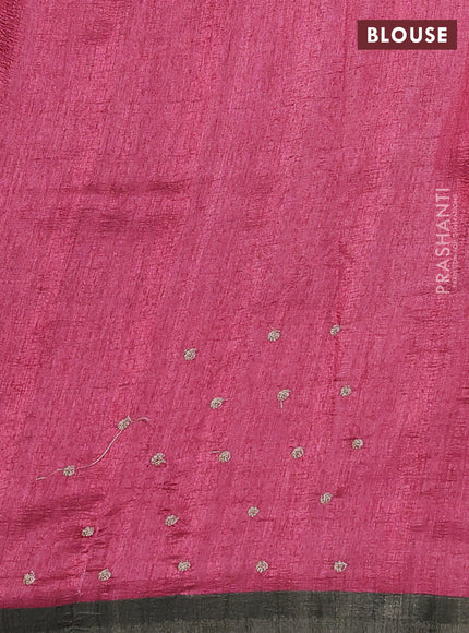 Semi tussar saree green and pink with plain body and embroidered pallu