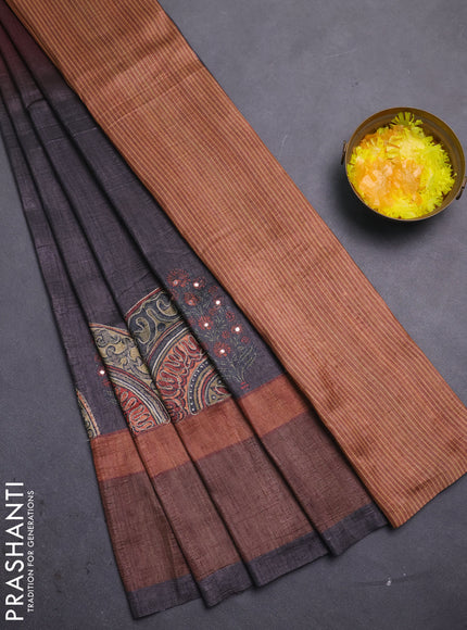 Semi tussar saree rust shade and brown with plain body and mirror embridery work