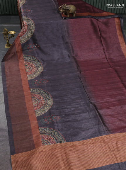 Semi tussar saree rust shade and brown with plain body and mirror embridery work