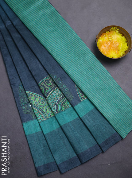 Semi tussar saree grey and teal green with plain body and mirror embridery work