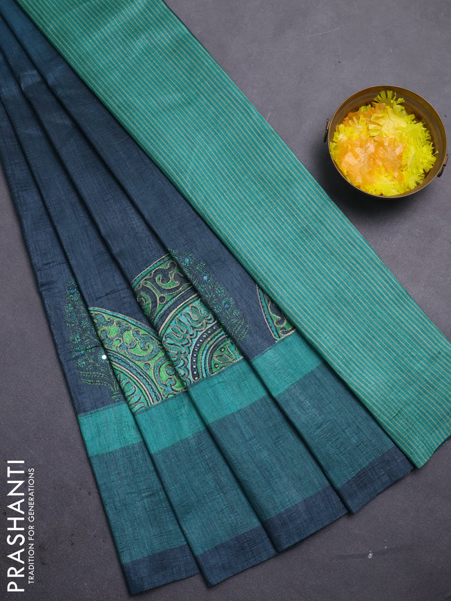 Semi tussar saree grey and teal green with plain body and mirror embridery work