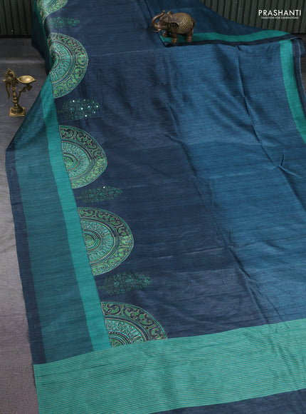 Semi tussar saree grey and teal green with plain body and mirror embridery work