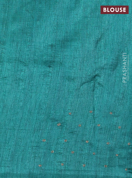 Semi tussar saree grey and teal green with plain body and mirror embridery work