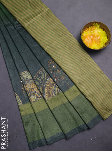 Semi tussar saree grey and green with plain body and mirror embridery work