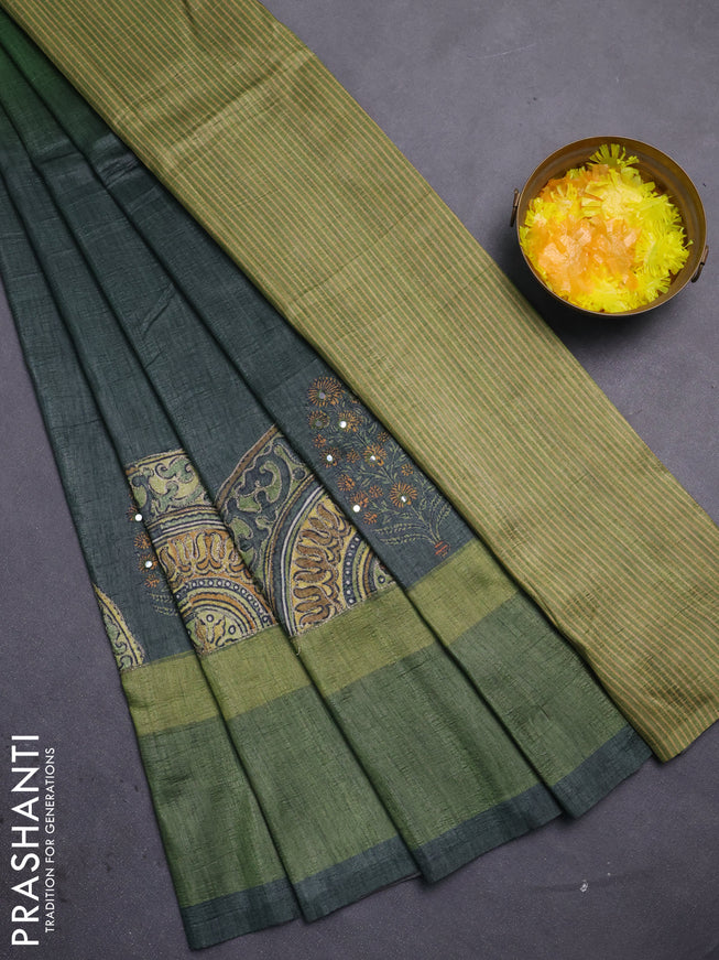 Semi tussar saree grey and green with plain body and mirror embridery work