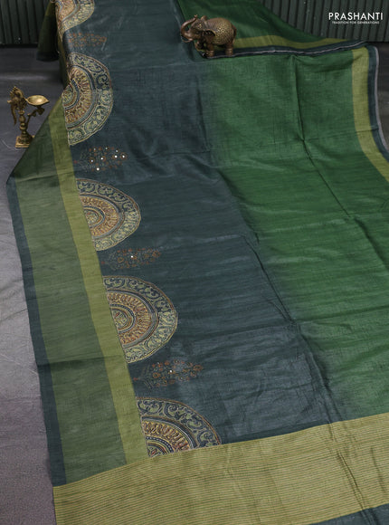 Semi tussar saree grey and green with plain body and mirror embridery work