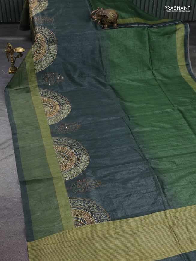 Semi tussar saree grey and green with plain body and mirror embridery work