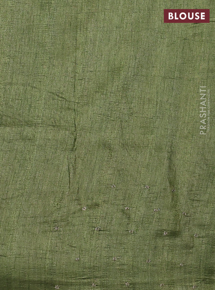 Semi tussar saree grey and green with plain body and mirror embridery work