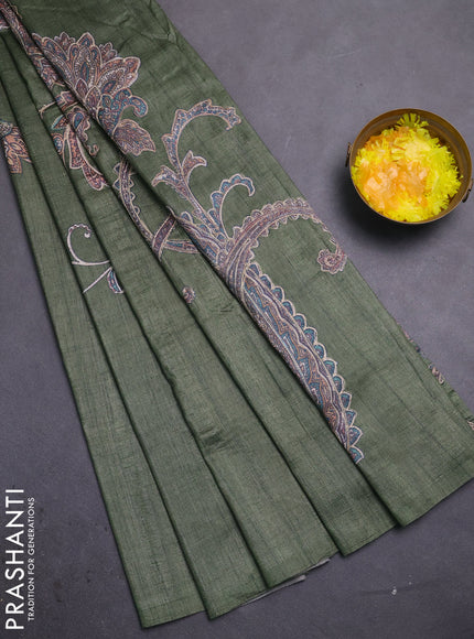 Semi tussar saree green with embroidery work