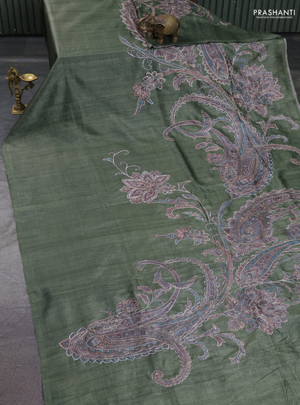 Semi tussar saree green with embroidery work