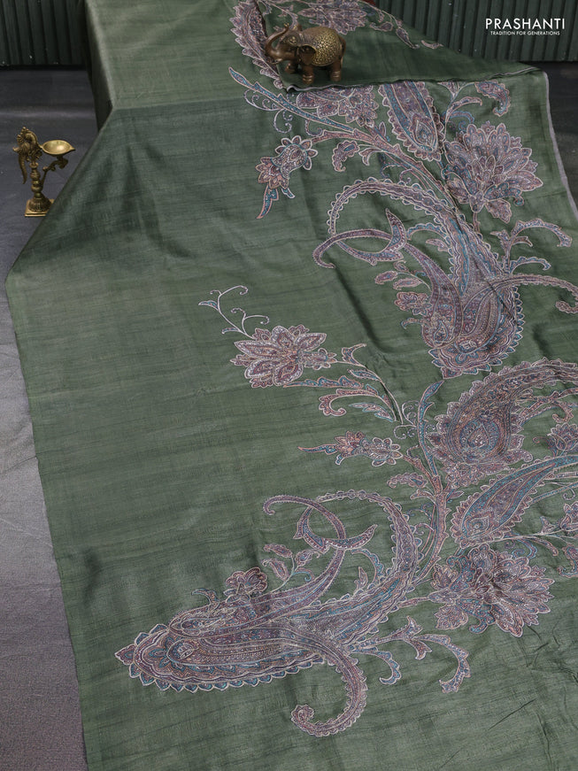 Semi tussar saree green with embroidery work
