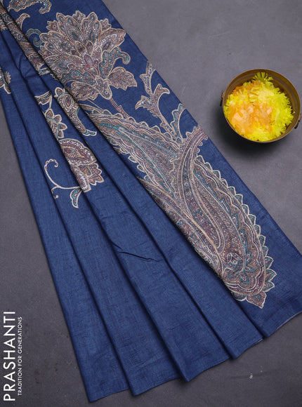 Semi tussar saree bluish grey with embroidery work