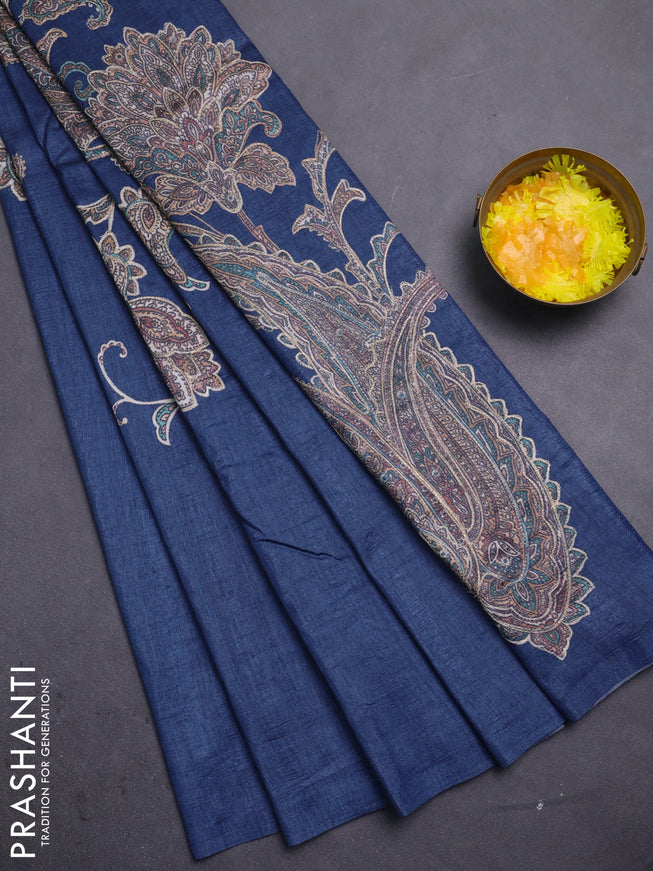 Semi tussar saree bluish grey with embroidery work