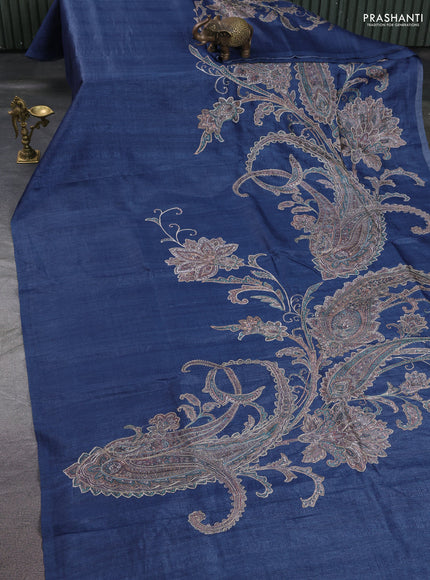 Semi tussar saree bluish grey with embroidery work