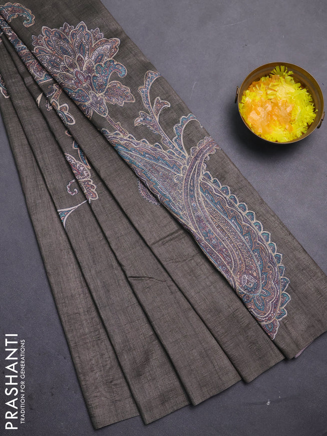 Semi tussar saree grey shade with embroidery work
