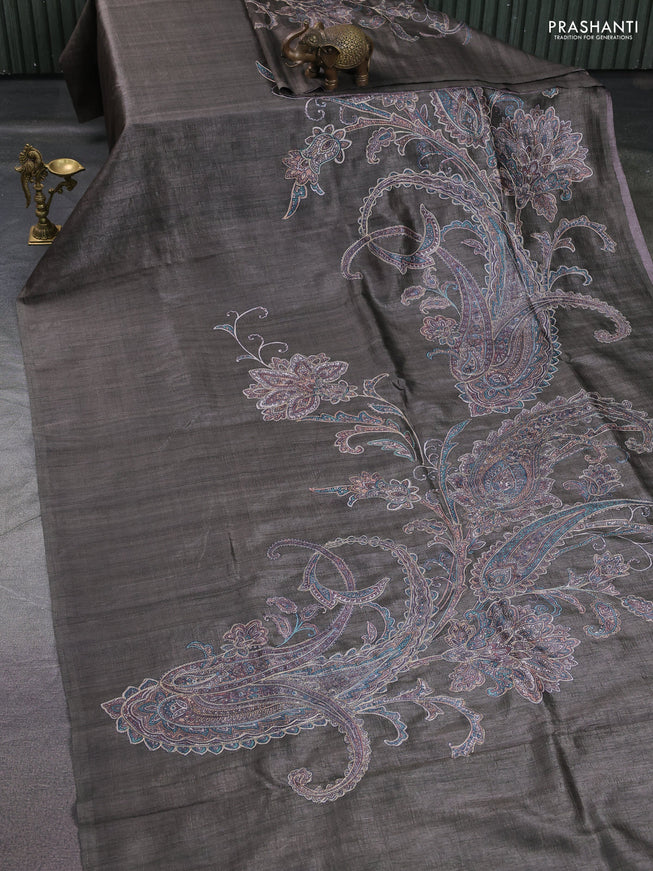 Semi tussar saree grey shade with embroidery work