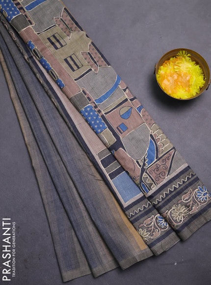 Semi tussar saree grey and sandal with plain body and embroidered pallu