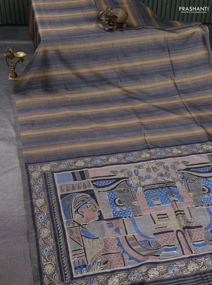 Semi tussar saree grey and sandal with plain body and embroidered pallu