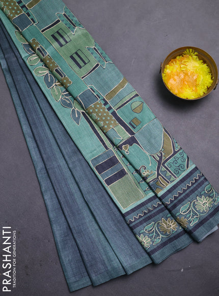 Semi tussar saree grey and green with plain body and embroidered pallu