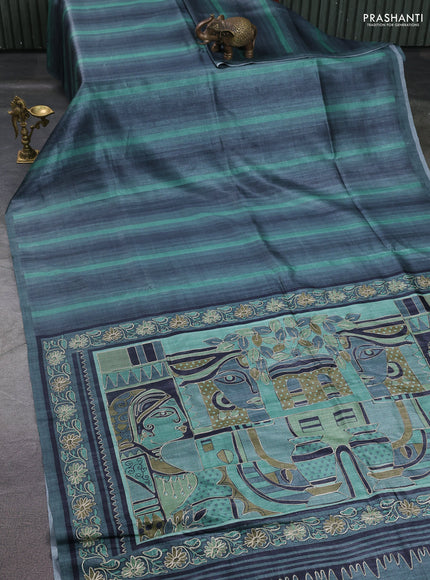 Semi tussar saree grey and green with plain body and embroidered pallu