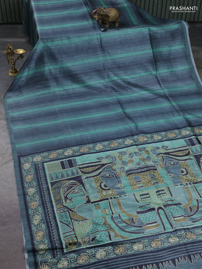 Semi tussar saree grey and green with plain body and embroidered pallu