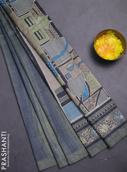 Semi tussar saree grey and elaichi green with plain body and embroidered pallu