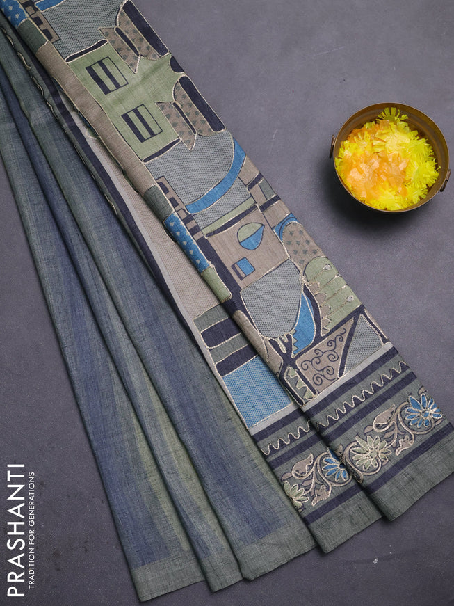 Semi tussar saree grey and elaichi green with plain body and embroidered pallu