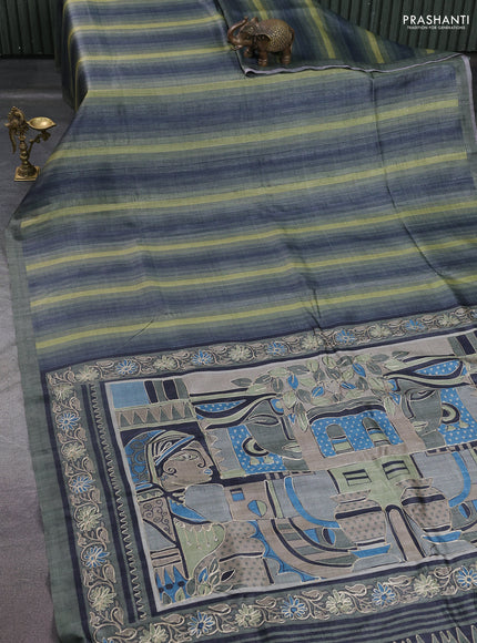 Semi tussar saree grey and elaichi green with plain body and embroidered pallu