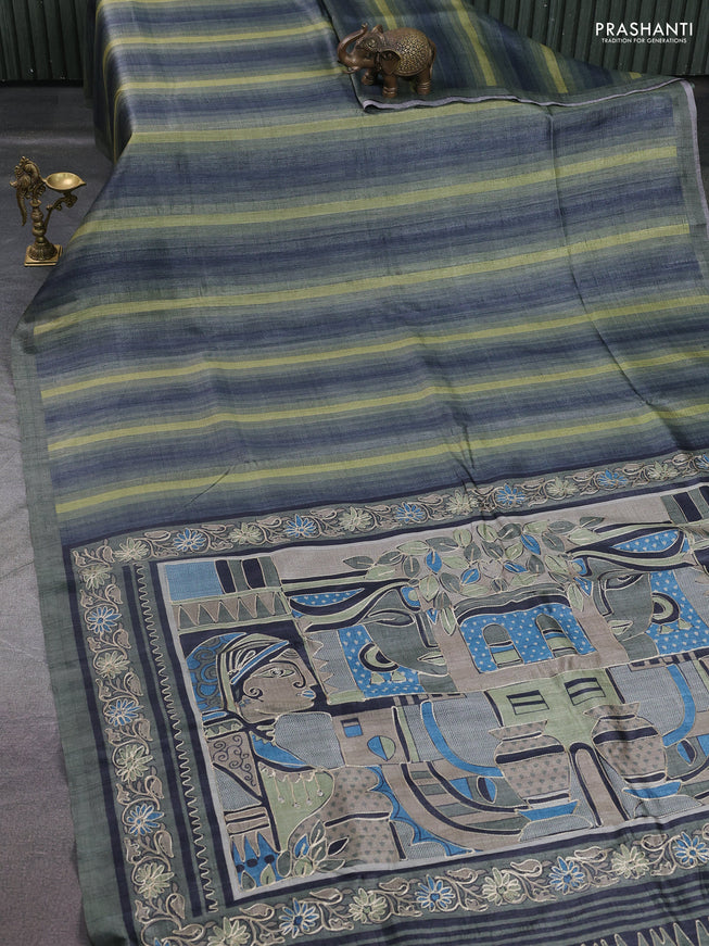 Semi tussar saree grey and elaichi green with plain body and embroidered pallu