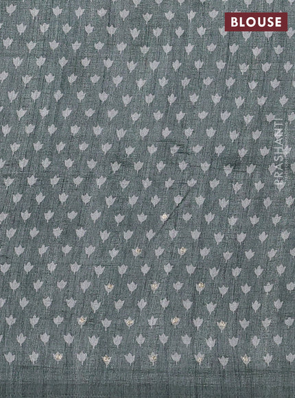 Semi tussar saree grey and elaichi green with plain body and embroidered pallu