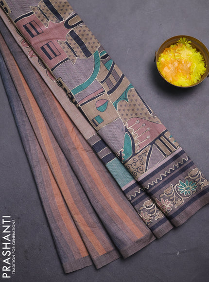 Semi tussar saree grey and rust shade with plain body and embroidered pallu
