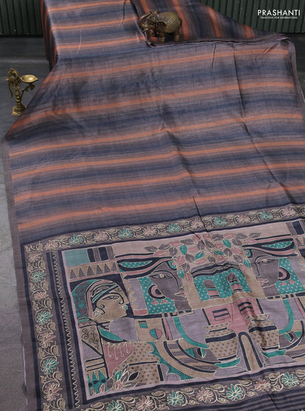 Semi tussar saree grey and rust shade with plain body and embroidered pallu