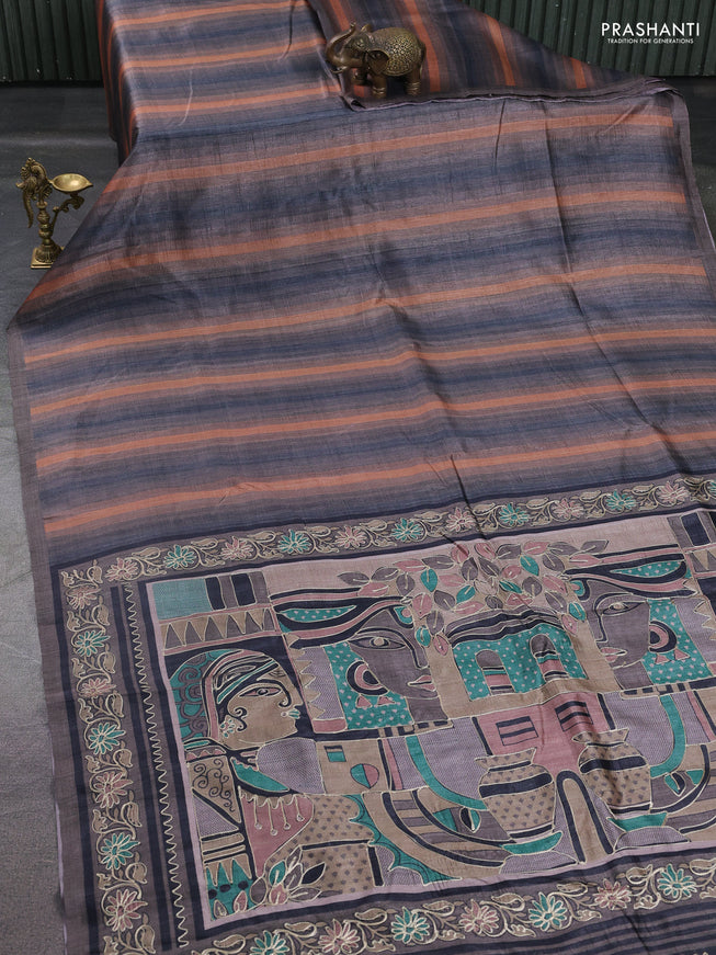 Semi tussar saree grey and rust shade with plain body and embroidered pallu