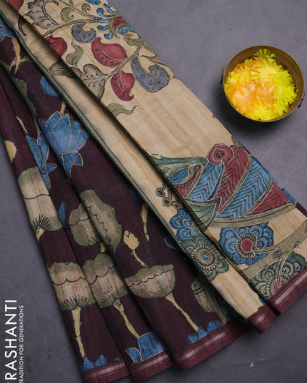 Semi tussar saree maroon and beige with allover kalamkari prints and embroidered pallu