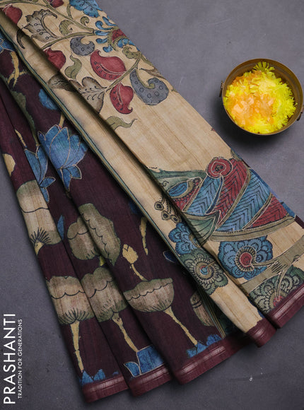Semi tussar saree maroon and beige with allover kalamkari prints and embroidered pallu