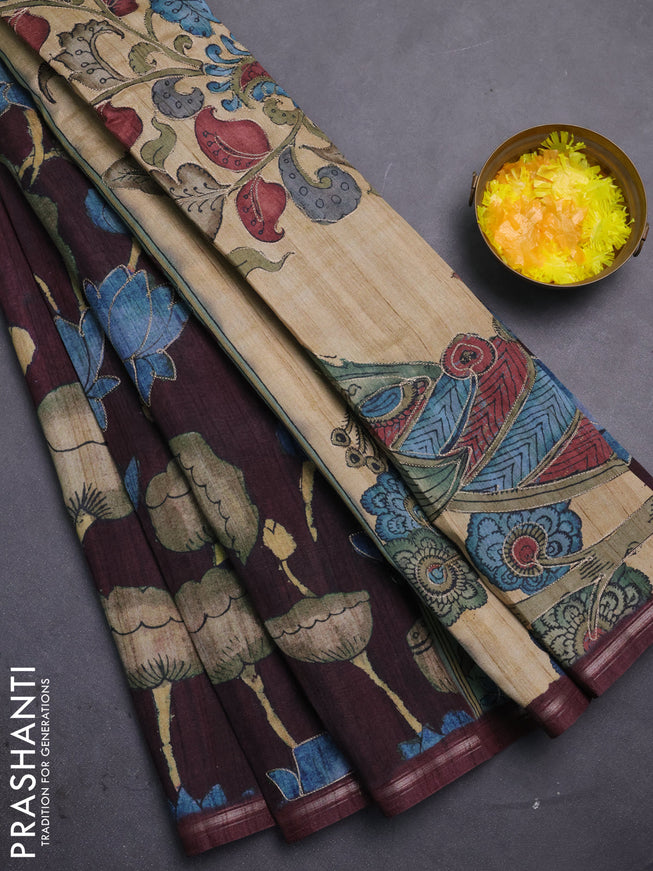 Semi tussar saree maroon and beige with allover kalamkari prints and embroidered pallu