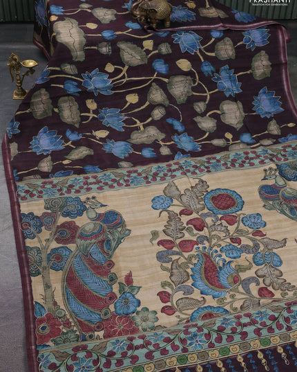 Semi tussar saree maroon and beige with allover kalamkari prints and embroidered pallu