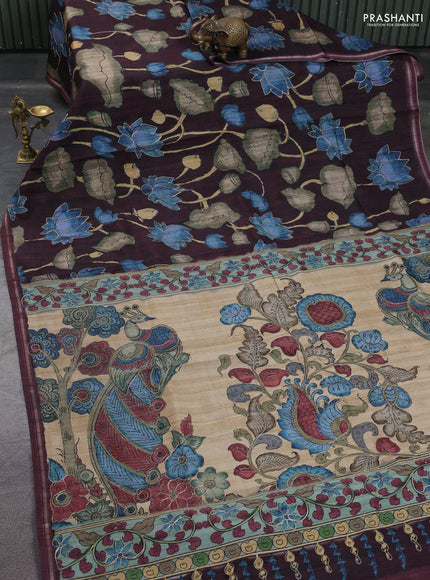 Semi tussar saree maroon and beige with allover kalamkari prints and embroidered pallu
