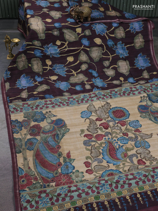 Semi tussar saree maroon and beige with allover kalamkari prints and embroidered pallu